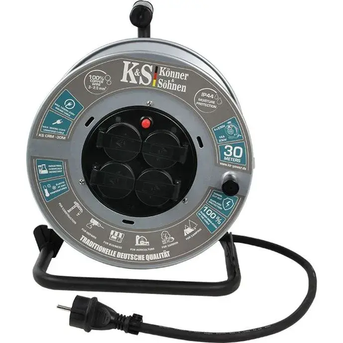 Мер. подовжувач Konner&Sohnen KS CRM-30M, 3600Вт, 4х16А/230В, 3х2.5мм, IP44, на котушці, 30м фото