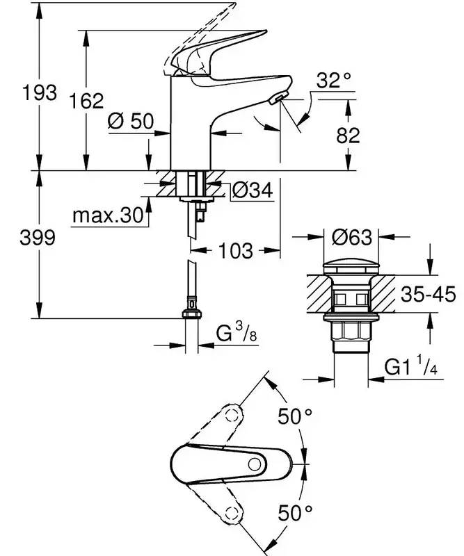 Смеситель для раковины Grohe QuickFix Swift S длинн. излива - 103мм (24318001) фото