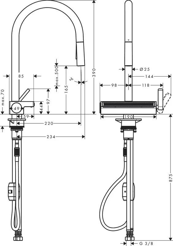 Смеситель для кухни Hansgrohe Aquno Select M81, длинн.излива - 220мм, поворотный, сталь (73837800) - фото - №1