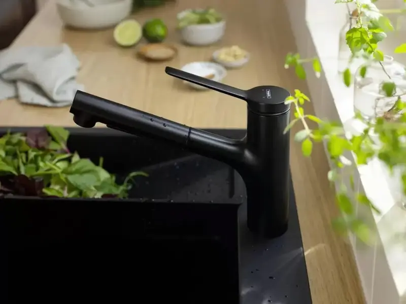 Смеситель для кухни Hansgrohe Zesis M33, длинн.излива - 219мм, вытяжной, KM150, черный (74800670) фото