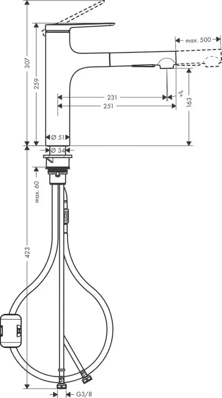 Змішувач для кухні Hansgrohe Zesis M33, довж.виливу - 231мм, витяжний, KM160, хром (74801000) фото