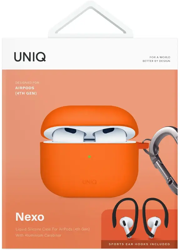Чехол для AIRPODS 4TH GEN UNIQ NEXO ACTIVE HYBRID SILICONE CASE WITH SPORTS EAR HOOKS VOLT ORANGE (UNIQ-AIRPODS(2024)-NEXOVORG) фото