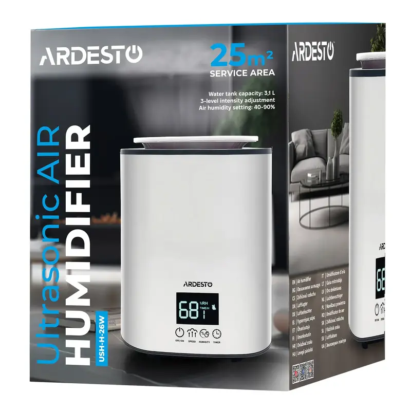 Зволожувач повітря ARDESTO USH-H-26W ультразвуковий, 25м2, 3.1л, 250мл/г фото