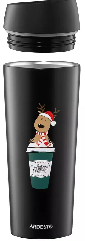 Термокружка Ardesto Coffee Time Christmas Reindeer 450мл, нержавеющая сталь, черный фото