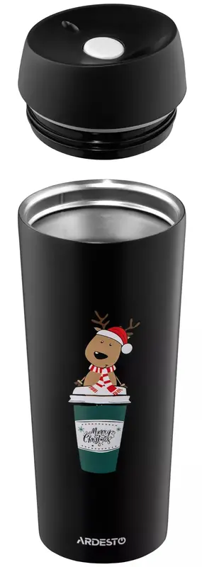 Термокружка Ardesto Coffee Time Christmas Reindeer 450мл, нержавеющая сталь, черный фото