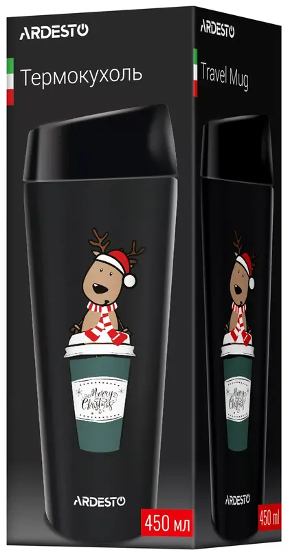 Термокружка Ardesto Coffee Time Christmas Reindeer 450мл, нержавеющая сталь, черный фото