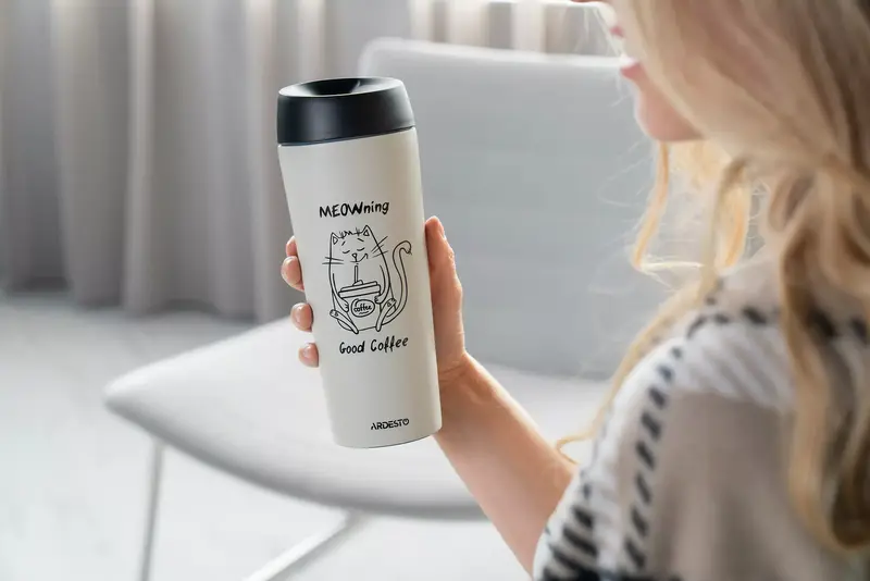 Термокружка Ardesto Coffee Time Meowning, 450мл, нержавеющая сталь, бежевый фото