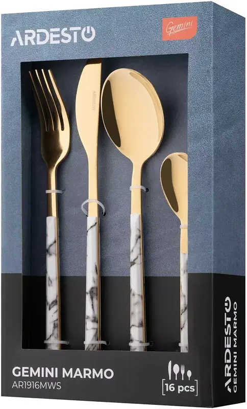 Набір столових приборів Ardesto Gemini Marmo, 16 приборів, нержавіюча сталь, пластик, золотисто-білий (AR1916MWS) - фото - №5