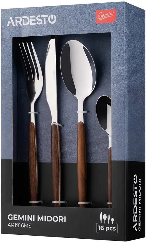 Набір столових приборів Ardesto Gemini Midori, 16 приборів, нержавіюча сталь, пластик, коричневий (AR1916MS) - фото - №5