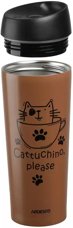 Термочашка Ardesto Coffee time Cat, 450мл, нержавеющая сталь, коричневый светлый фото