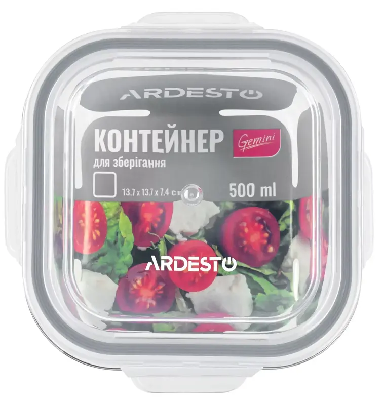 Контейнер для зберігання харчових продуктів Ardesto Gemini, 0.5л, боросилікатне скло, пластик, квадр фото