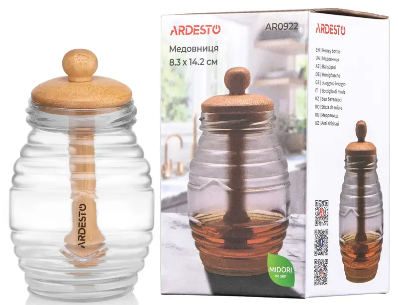 Медовница Ardesto Midori 500мл, 8.3х14.2см, бамбук, стекло (AR0922) фото