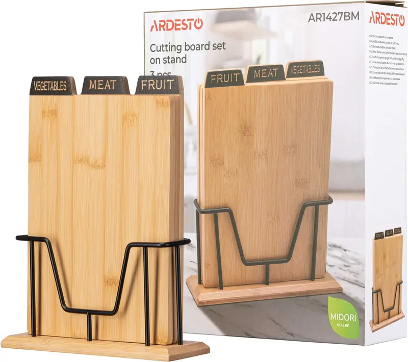 Набір дошок кухонних на підставці Ardesto Midori, 3шт, 23.5х7.5х27см, бамбук, метал - фото - №5