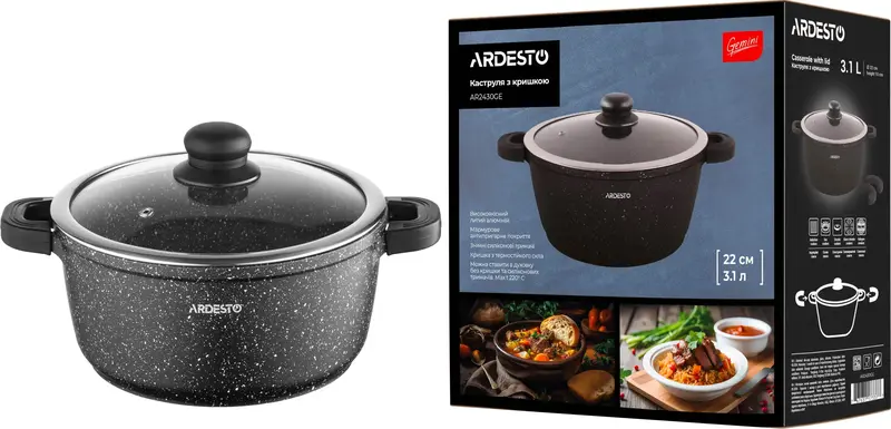 Каструля зі скляною кришкою Ardesto Gemini Anzio, 3.1л, алюміній, чорний - фото - №9