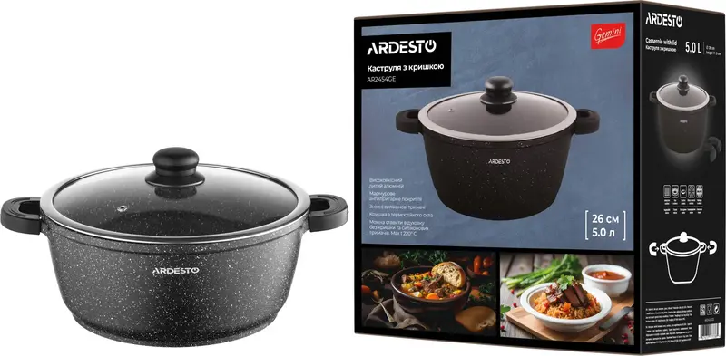 Кастрюля со стеклянной крышкой Ardesto Gemini Anzio, 5л, алюминий, черный фото