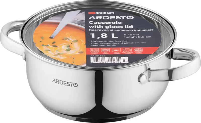 Каструля зі скляною кришкою Ardesto Gemini Gourmet Aosta, 1.8л, нержавіюча сталь - фото - №3