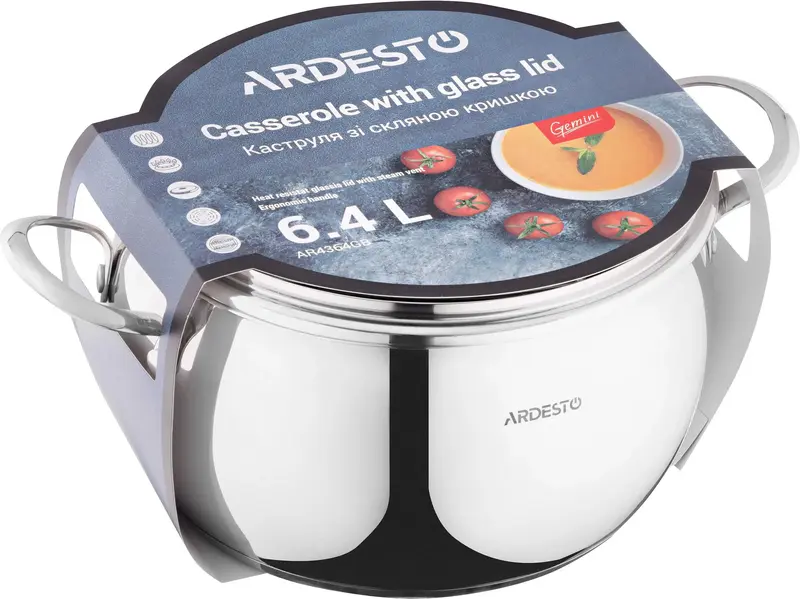 Каструля зі скляною кришкою Ardesto Gemini Liguria, 6.4л, нержавіюча сталь - фото - №3