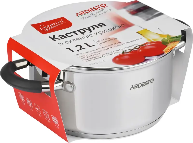 Каструля зі скляною кришкою Ardesto Gemini Salerno, 1.2л, нержавіюча сталь, силікон - фото - №1