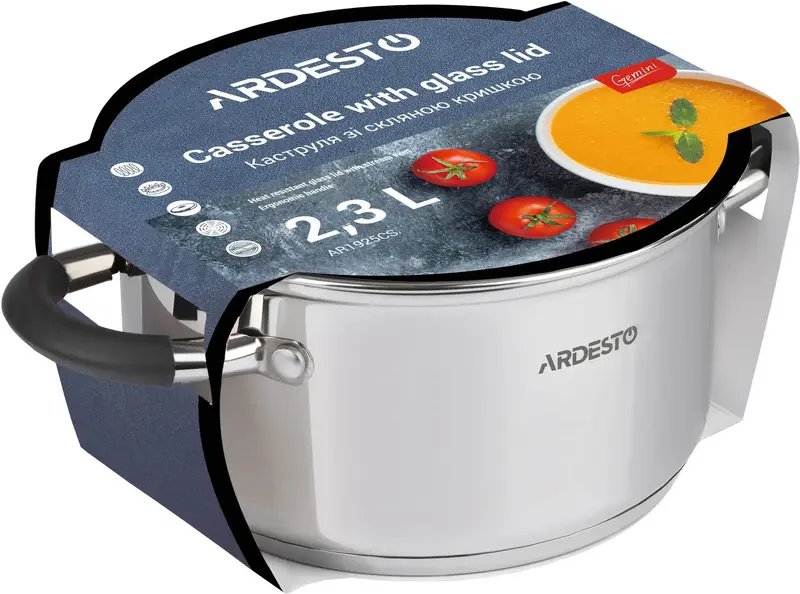 Каструля зі скляною кришкою Ardesto Gemini Salerno, 2.3л, нержавіюча сталь, силікон - фото - №1