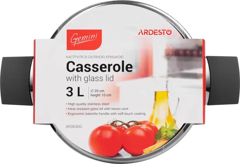 Каструля зі скляною кришкою Ardesto Gemini Trento, 3л, нержавіюча сталь, бакеліт - фото - №3