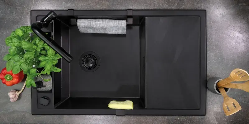 Мойка кухонная Deante Magnetic, гранит, прямоугольная, с крылом, 640х500х219мм (ZRM_G11A) фото