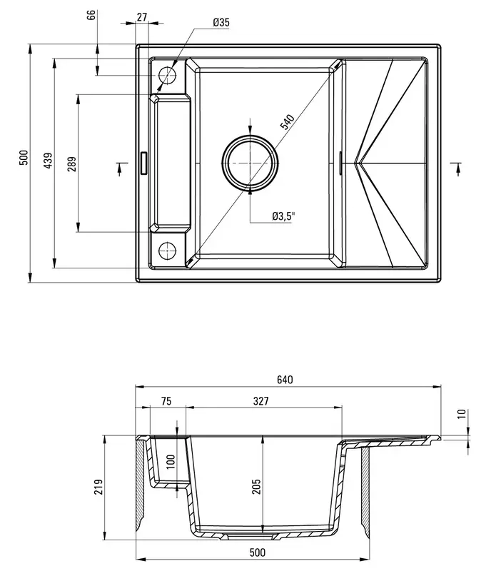 Мойка кухонная Deante Magnetic, гранит, прямоугольная, с крылом, 640х500х219мм (ZRM_G11A) фото