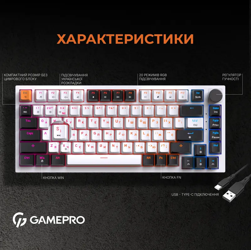 Клавиатура игровая GamePro MK160W Hot-Swap RGB (White) фото