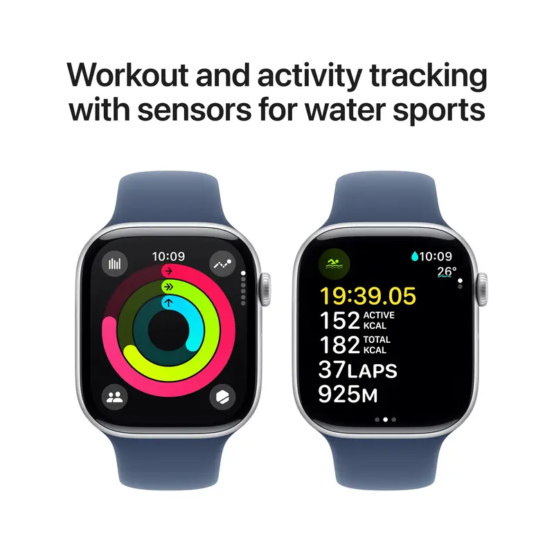 Apple Watch Series 10 GPS + Cellular 42mm Silver Aluminium Case with Denim Sport Band - S/M - фото - №3