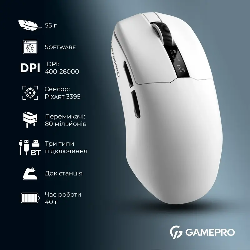 Бездротова ігрова мишка GamePro Asgard Thor Wireless PAW3395 RGB Ultralight White (GM023W) - фото - №16