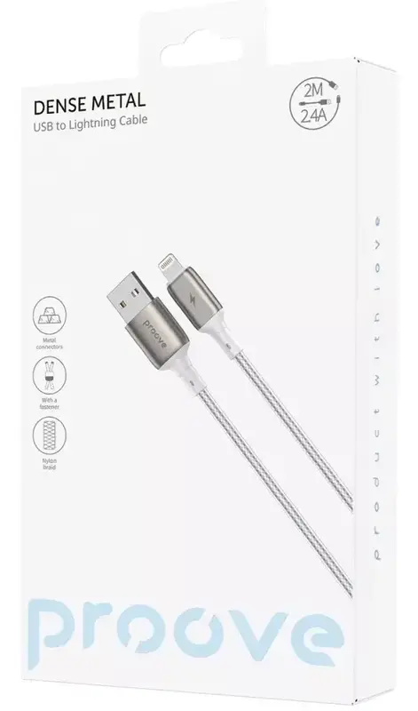 Kабель USB - Lightning Proove Dense Metal 2M 2.4A бiлий - фото - №1