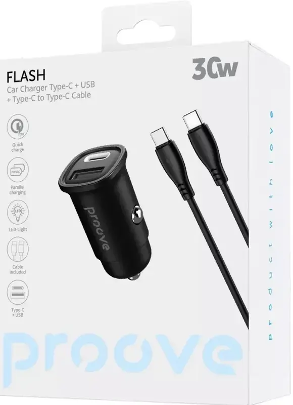 Автомобільний зарядний пристрій Proove Flash 30W (Type-C + USB) + Cable Type-C to Type-C чорний - фото - №2