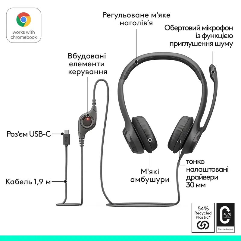 Гарнітура Logitech H390 USB-C Computer Headset - MIDNIGHT BLACK - фото - №5