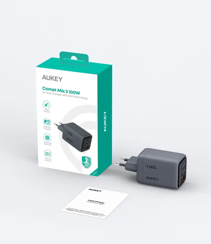 Ун. МЗП Aukey Comet Mix (PA-C5) 100W GaN 2хType-C + USB - фото - №3