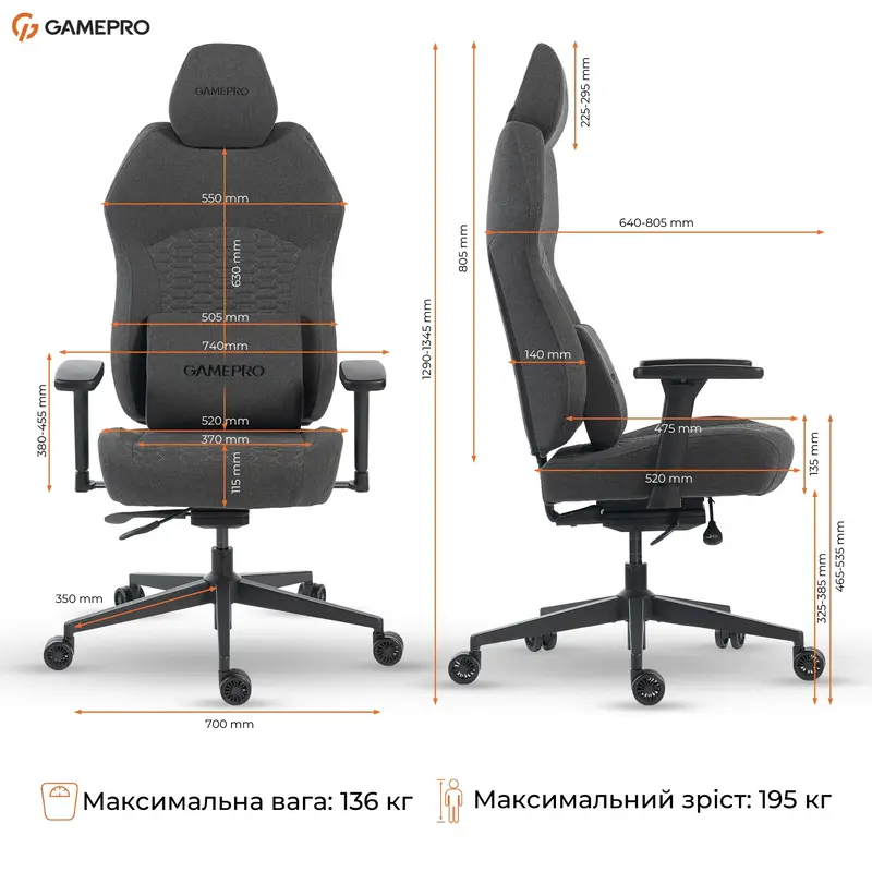 Крісло ігрове GamePro GC760DG Fabric Dark Gray - фото - №17