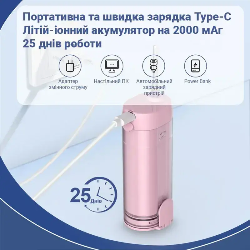 Ирригатор H2Ofloss HF-10mini 21W 2500mAh pink - фото - №4