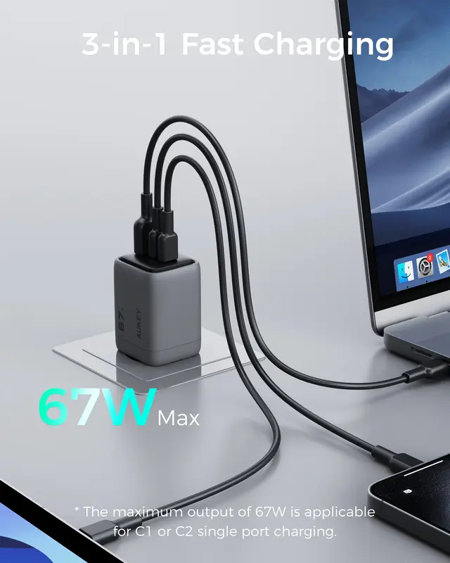 Ун. СЗУ Aukey Comet Mix (PA-C3) 67W GaN 2хType-C + USB - фото - №8