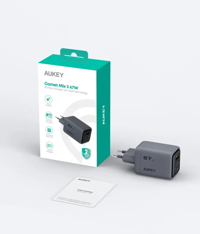 Ун. СЗУ Aukey Comet Mix (PA-C3) 67W GaN 2хType-C + USB - фото - №3