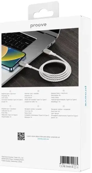 Kабель USB-С to USB-С Proove Dense Metal 1M (60W) бiлий - фото - №6