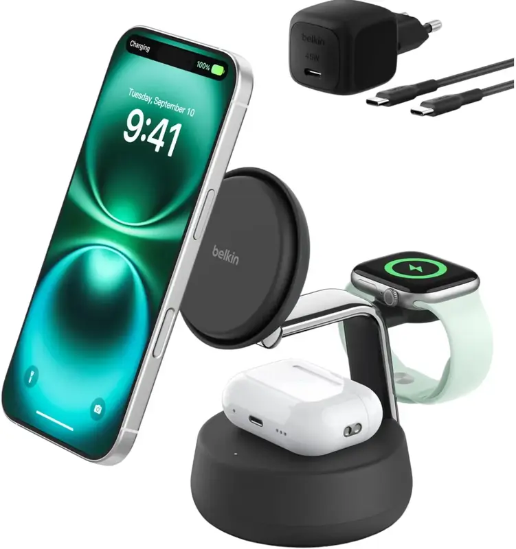 Беспроводной ЗУ Belkin UltraCharge Pro 3-in-1 Magnetic Charging Dock 25 Вт, Charcoal - фото - №1