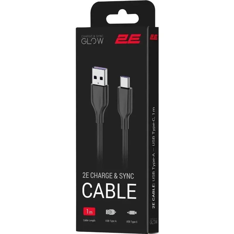 Кабель USB-A to USB-C 2E 1м, Type-C, Glow, чорний - фото - №3