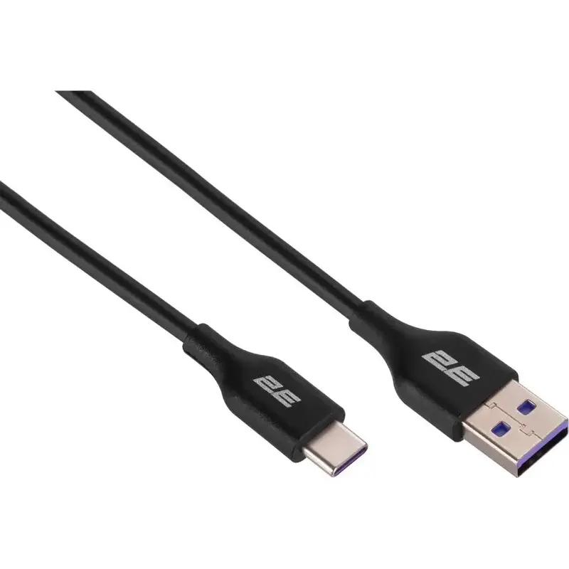 Кабель USB-A to USB-C 2E 1м, Type-C, Glow, чорний - фото - №1
