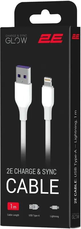 Кабель USB-A to Lightning 2E 1м, Glow, білий - фото - №2