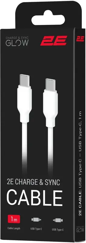 Кабель USB-C to USB-C 2E 1м, 60Вт Type-C, Glow, білий - фото - №2