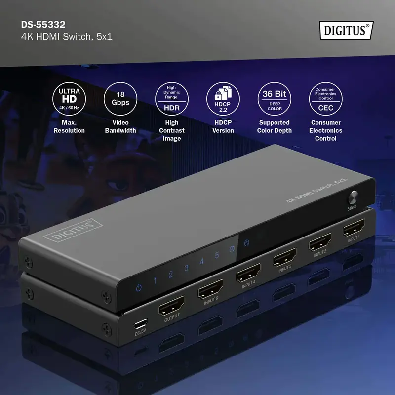 Відеокомутатор DIGITUS UHD HDMI (INx5 - OUTx1), 4K - фото - №4