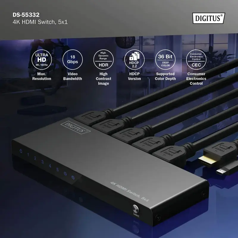 Відеокомутатор DIGITUS UHD HDMI (INx5 - OUTx1), 4K - фото - №1
