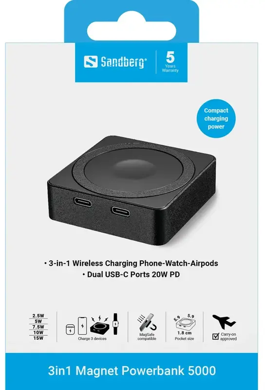 Повербанк Sandberg Magnetic Wireless 5000mAh 20W PD, 2xUSB-C, QI-15W for Apple watch and Airpods - фото - №8