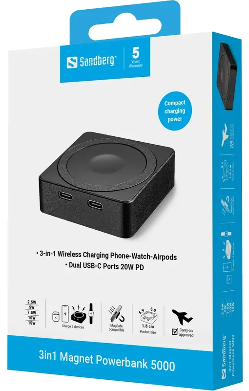 Повербанк Sandberg Magnetic Wireless 5000mAh 20W PD, 2xUSB-C, QI-15W for Apple watch and Airpods - фото - №9