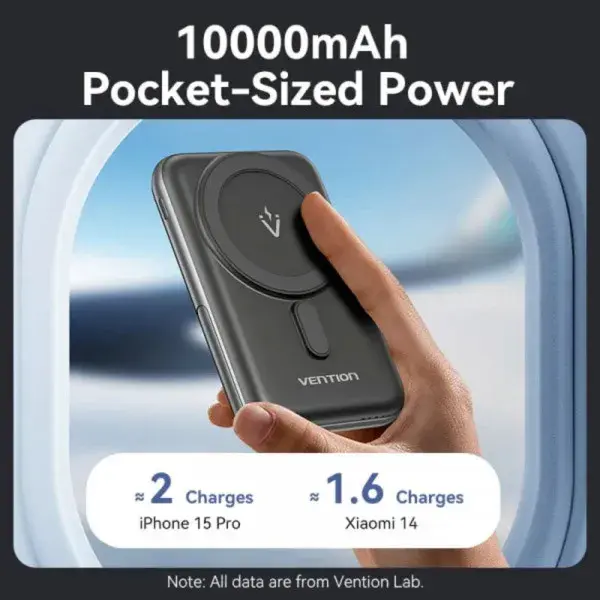 Порт.ЗП Vention Magnetic Wireless 10000mAh 20W PD USB-C In/Out, QI-15W чорний - фото - №5