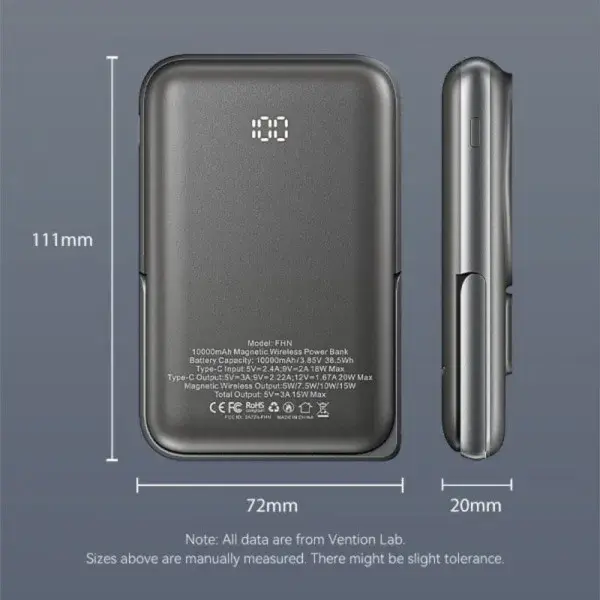 Порт.ЗП Vention Magnetic Wireless 10000mAh 20W PD USB-C In/Out, QI-15W чорний - фото - №6