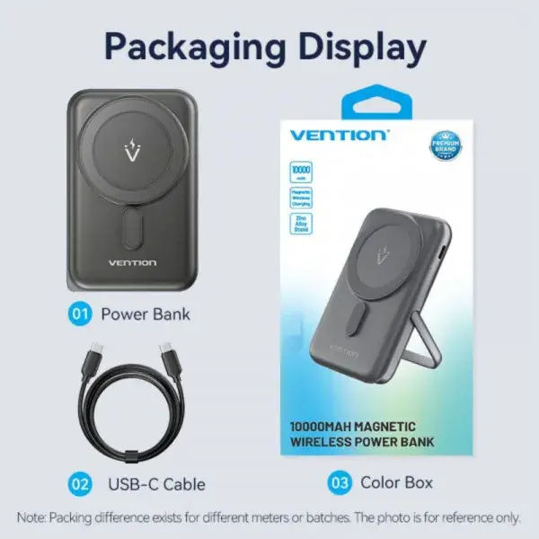 Порт.ЗП Vention Magnetic Wireless 10000mAh 20W PD USB-C In/Out, QI-15W чорний - фото - №7
